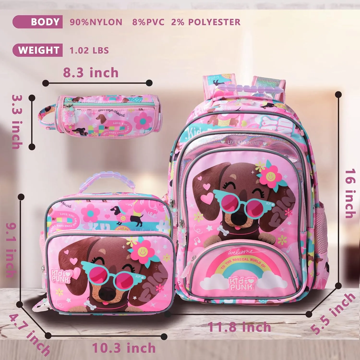 16 Inch Girls Backpack with Lunch Box and Pencil Case 3 in 1 Cute Pink Dog Backpacks for Girls Kindergarten Preschool Elementary Kawaii Kids Backpack with Bento Lunch Bag