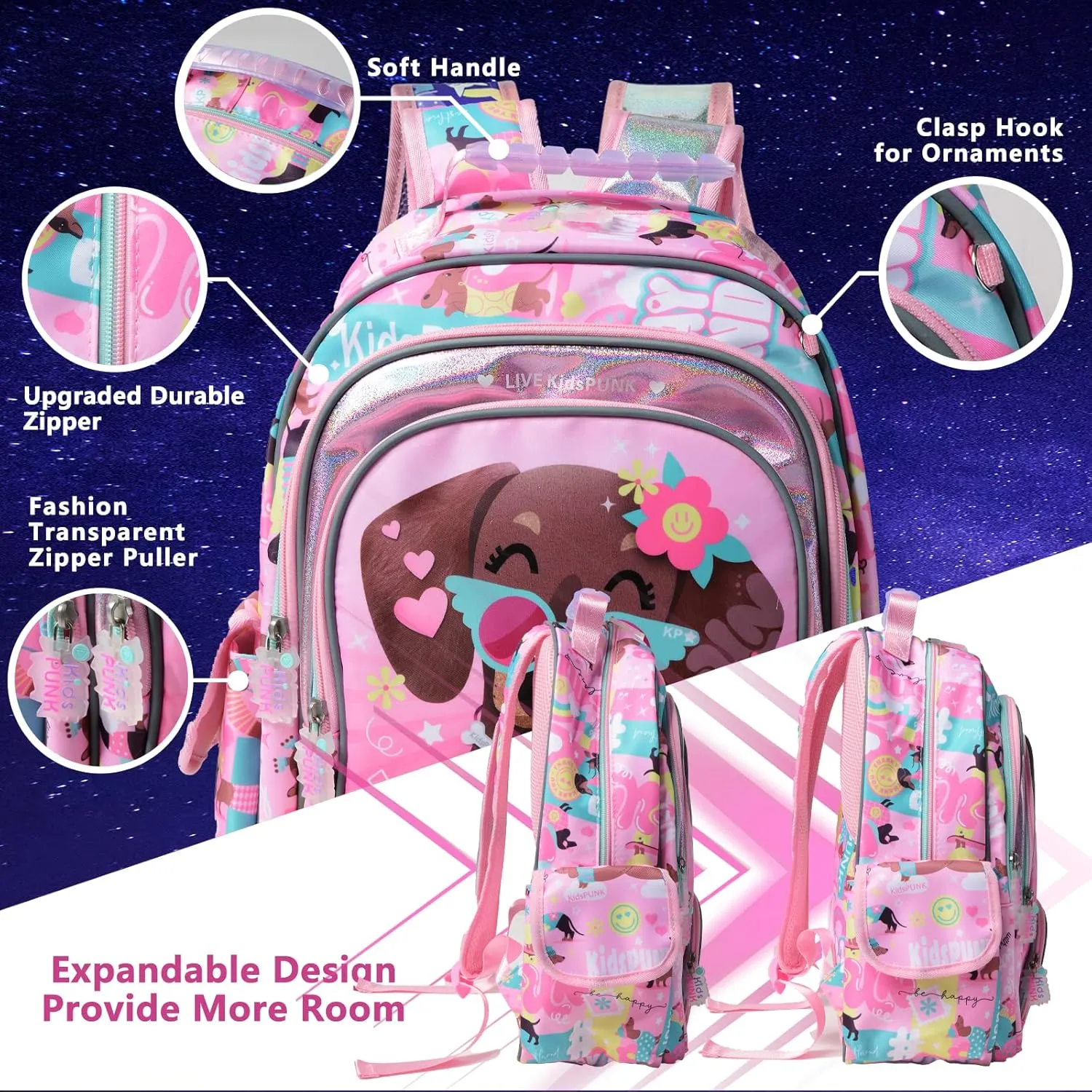 16 Inch Girls Backpack with Lunch Box and Pencil Case 3 in 1 Cute Pink Dog Backpacks for Girls Kindergarten Preschool Elementary Kawaii Kids Backpack with Bento Lunch Bag