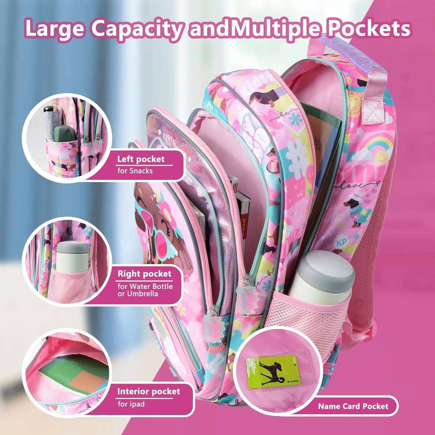 16 Inch Girls Backpack with Lunch Box and Pencil Case 3 in 1 Cute Pink Dog Backpacks for Girls Kindergarten Preschool Elementary Kawaii Kids Backpack with Bento Lunch Bag