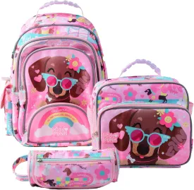 16 Inch Girls Backpack with Lunch Box and Pencil Case 3 in 1 Cute Pink Dog Backpacks for Girls Kindergarten Preschool Elementary Kawaii Kids Backpack with Bento Lunch Bag