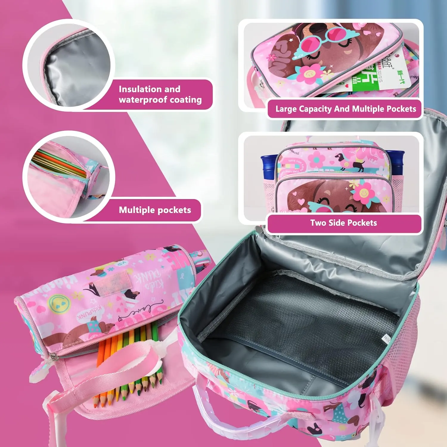 16 Inch Girls Backpack with Lunch Box and Pencil Case 3 in 1 Cute Pink Dog Backpacks for Girls Kindergarten Preschool Elementary Kawaii Kids Backpack with Bento Lunch Bag