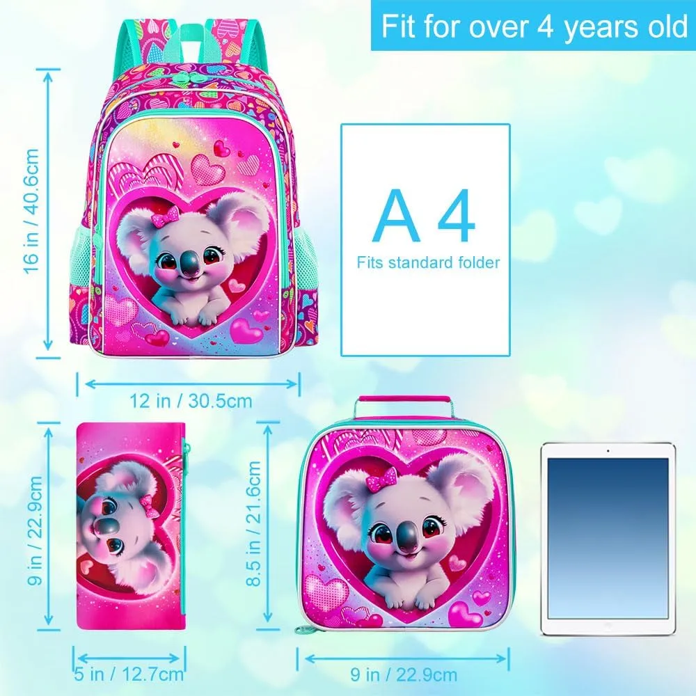 16" Girls Backpack, 3Pcs Kids Bookbag with Lunch Box, School Backpacks for Elementary Preschool Kindergarten