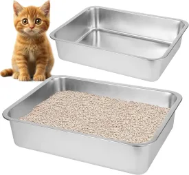 2 Pack Stainless Steel Cat Litter BoxSmall Stainless Steel,Large Metal Cat Litter Box-Easy to Clean.(17.5" L x 13.6" W x 4.1" H).