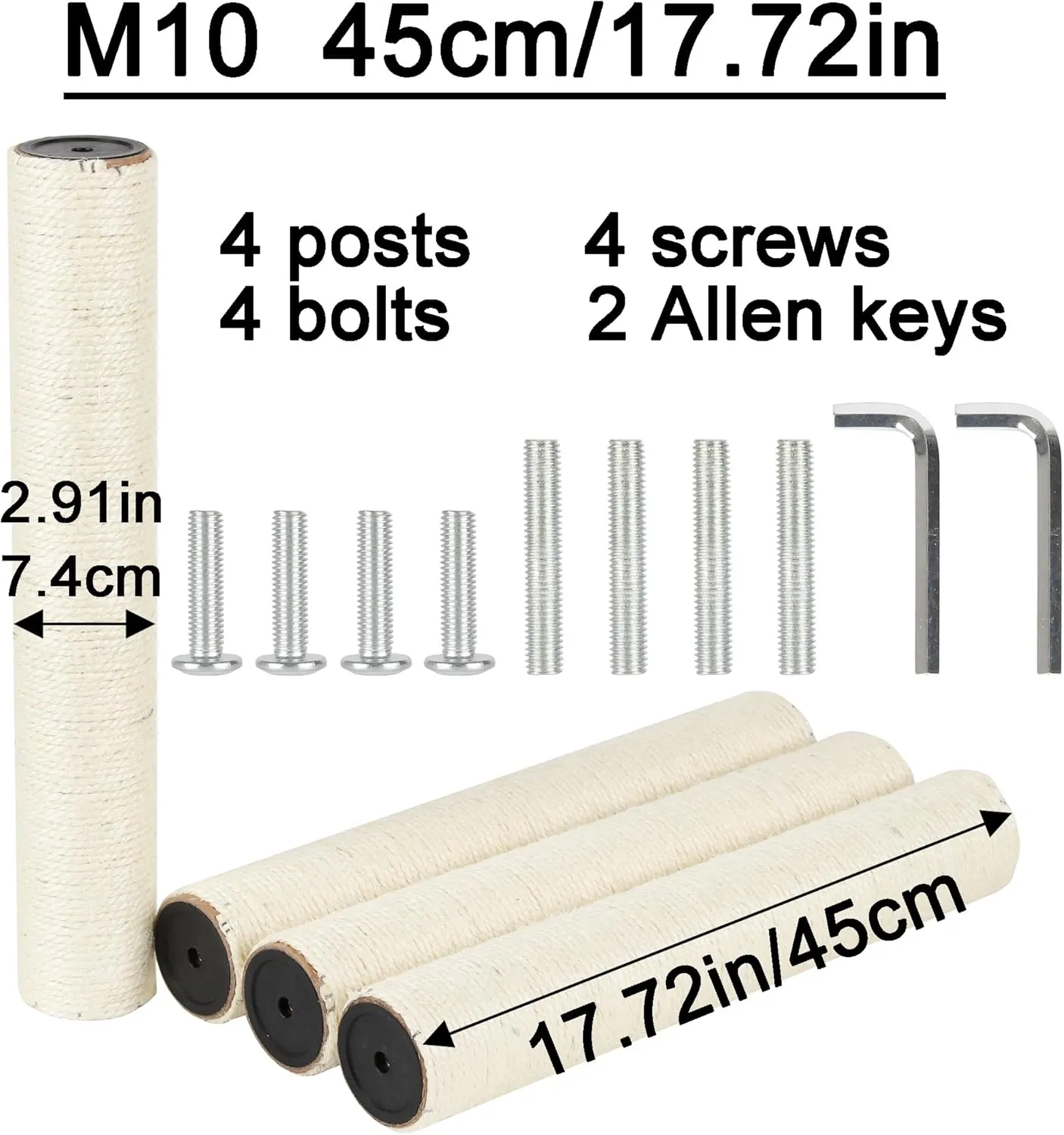 4 PCS 7.4cm 2.91in Diameter Cat Scratching Post Replacement Sisal Pole (45cm/17.72in, M10)