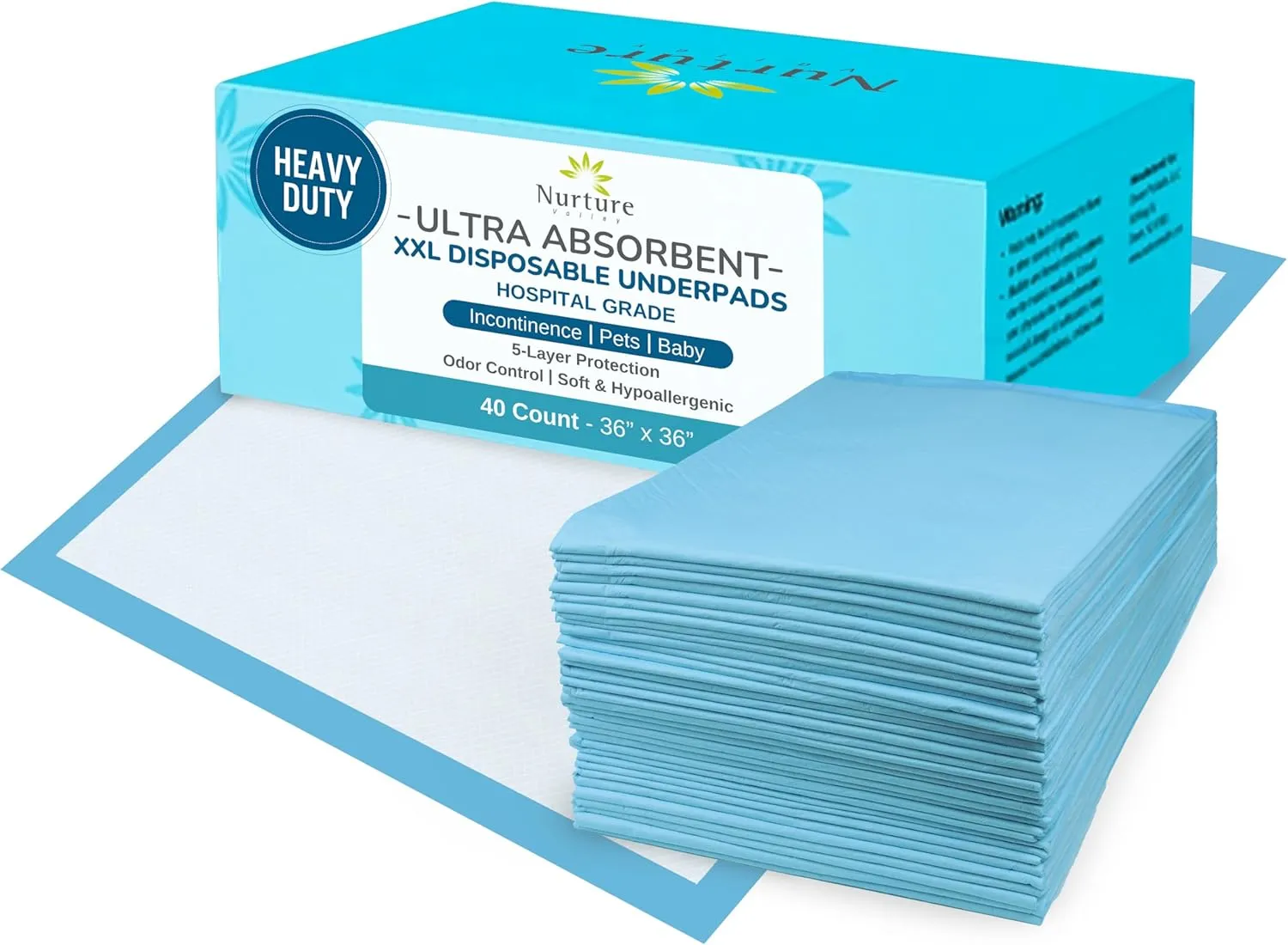 40 XL 36 x 36 Heavy Duty Ultra Absorbent Bed Pads w/ Adhesive by Nurture | Disposable Chux Liners, Underpads, Adult Incontinence Hospital Grade Chucks