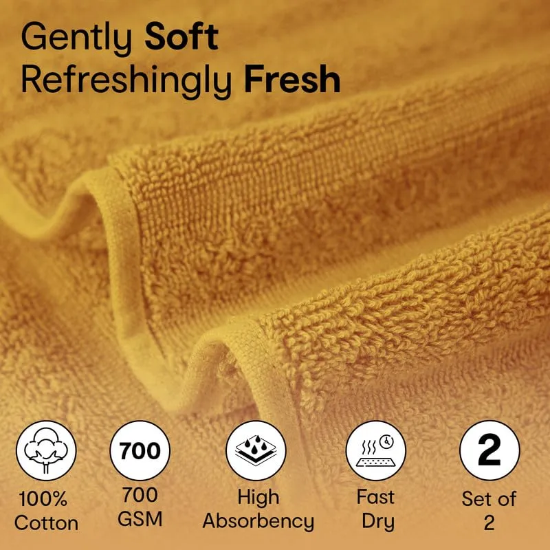 Anko Australia 100% Cotton 700 GSM Large Ribbed Bath Towel | Set of 2 | Super-Soft, Absorbent, Quick-Drying | Mustard Towel for Men, Women & Kids | 135x68 cm |Travel, Gym, Spa Towel