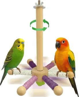 Bird Perch Toy, Parrot 360 Rotating Stand Perch, Wooden Interactive Wheel Parakeet Toy Bird Cage Accessories for Small and Medium Lovebirds Conures Finches Budgies-White