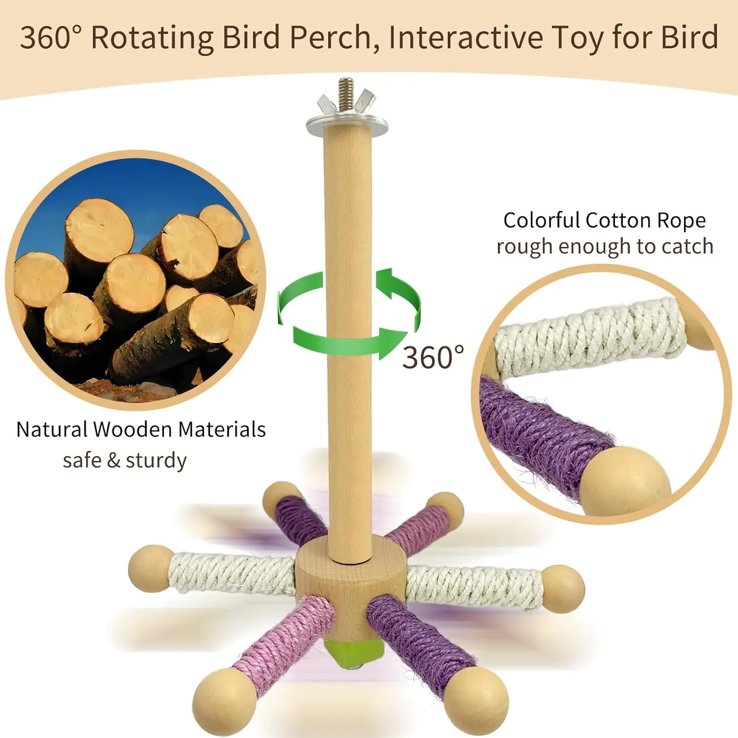 Bird Perch Toy, Parrot 360 Rotating Stand Perch, Wooden Interactive Wheel Parakeet Toy Bird Cage Accessories for Small and Medium Lovebirds Conures Finches Budgies-White