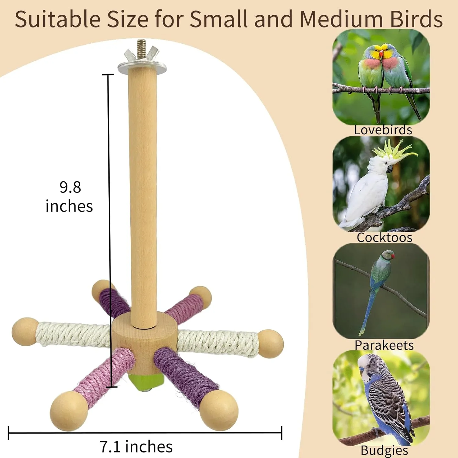 Bird Perch Toy, Parrot 360 Rotating Stand Perch, Wooden Interactive Wheel Parakeet Toy Bird Cage Accessories for Small and Medium Lovebirds Conures Finches Budgies-White