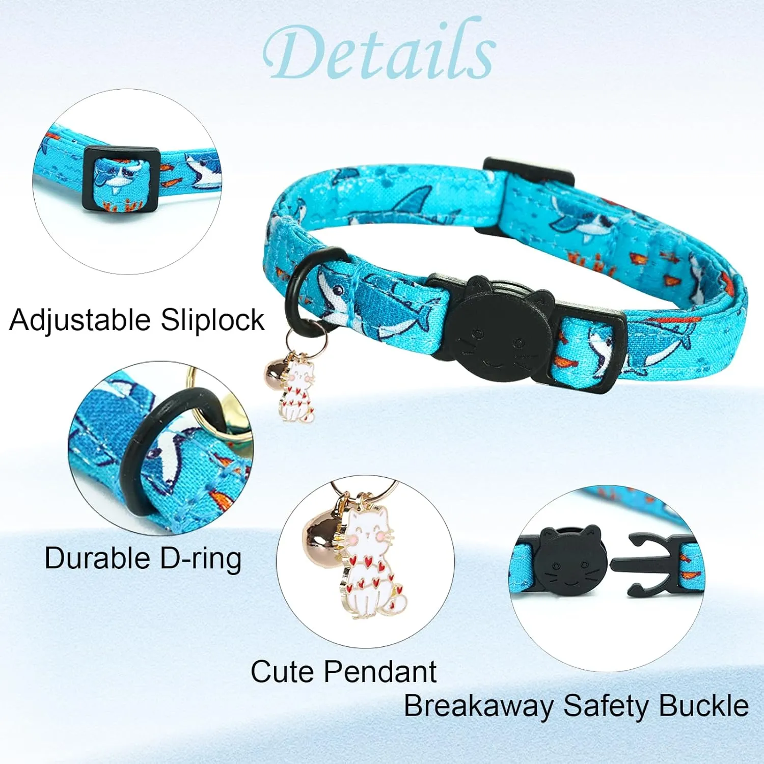 Cat Collar-2 Pack Cat Collars Shark & Dinosaur Cat Collar Breakaway with Kitten and Bell Pendant Safety Buckle Adjustable Cute Pet Collar for Boy Cats Gift for Cats and Small Pets