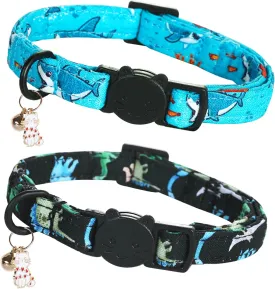 Cat Collar-2 Pack Cat Collars Shark & Dinosaur Cat Collar Breakaway with Kitten and Bell Pendant Safety Buckle Adjustable Cute Pet Collar for Boy Cats Gift for Cats and Small Pets