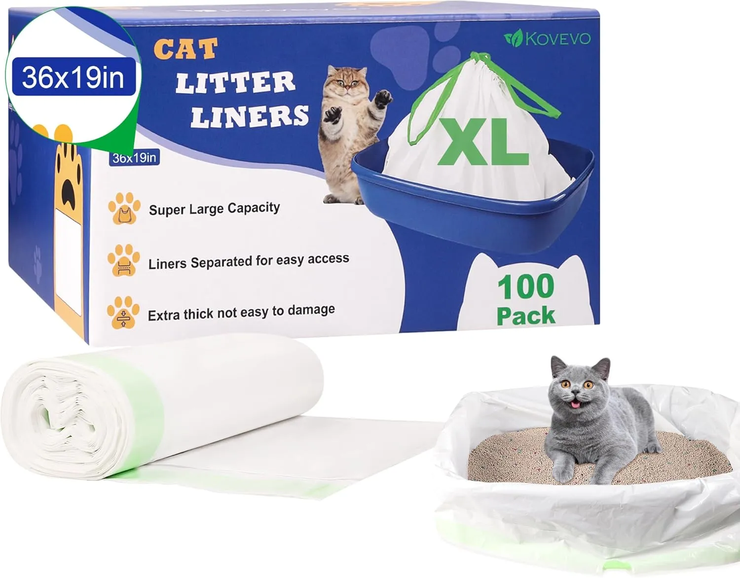 Cat Litter Box Liners Large - 100 Count Cat Litter Liners Jumbo Size 36'' x 19'' - Heavy Duty, Extra-Thick Kitty Litter Liners for Large Giant Litter Boxes - Drawstring Close