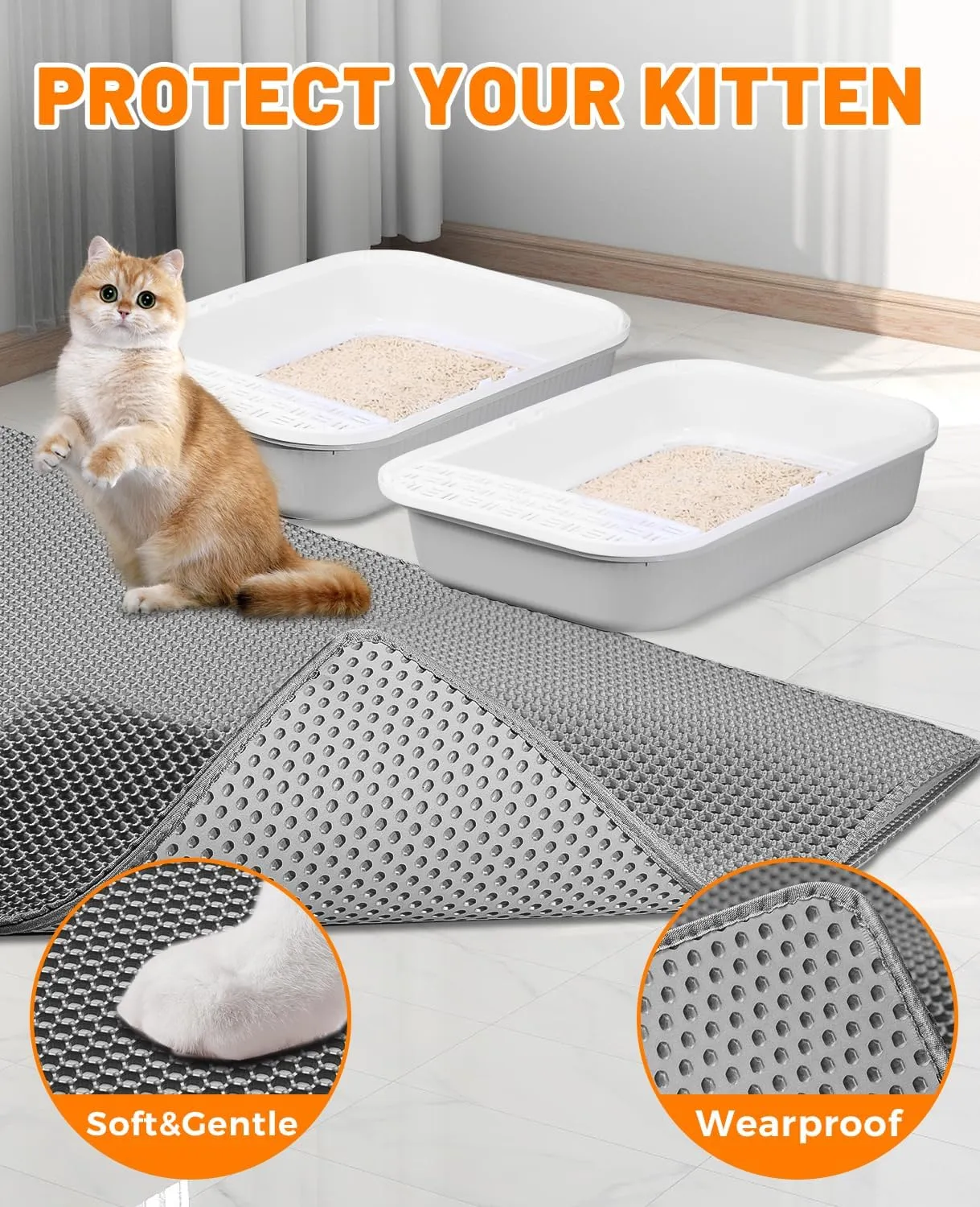 Cat Litter Mat - Extra Large XL 46"x 27" Cat Litter Mat Litter Trapping Mat.Honeycomb Double Layer Design,Urine and Water Proof Material,No Slip& No Phthalate,Washable Easy Clean(Grey)