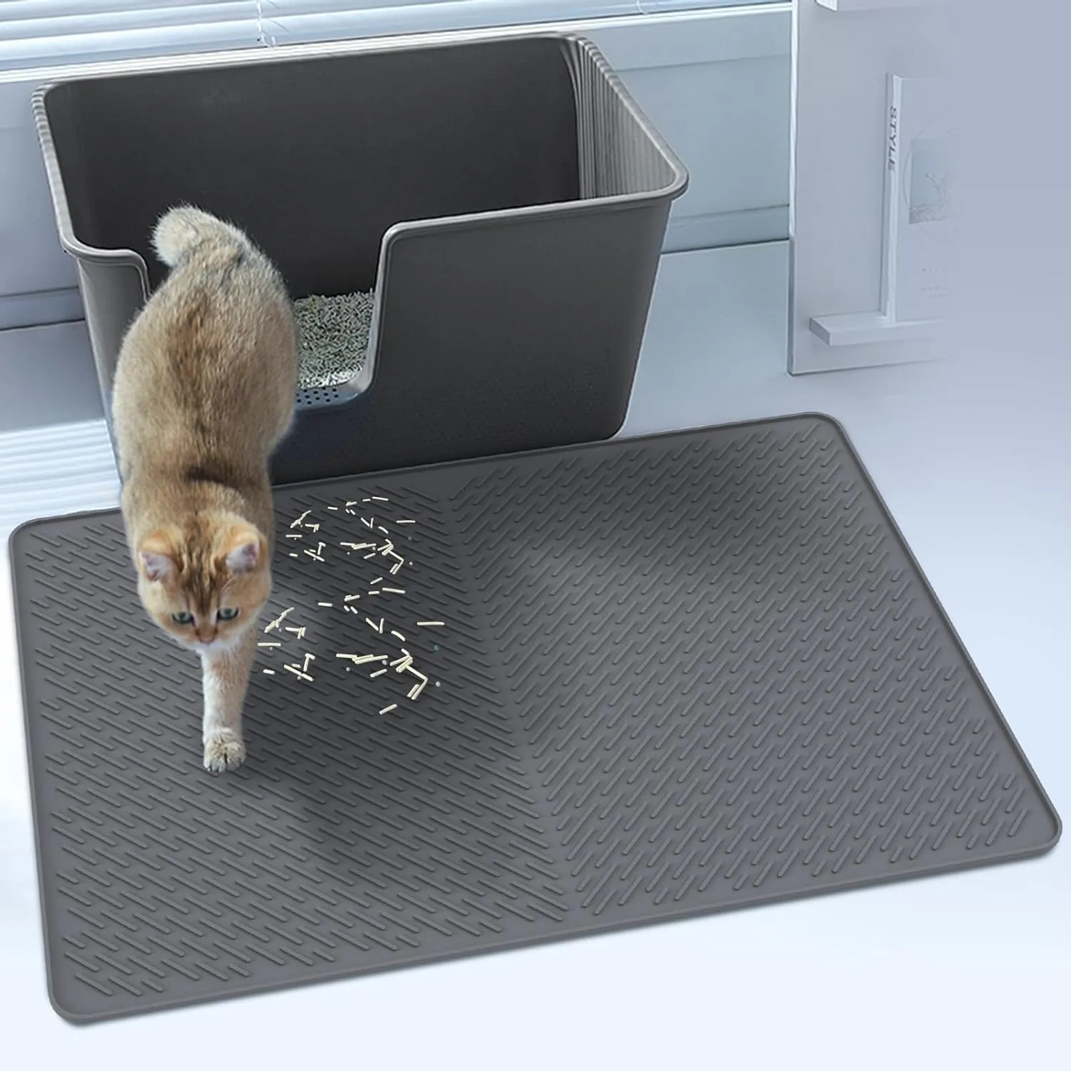 Cat Mat for Litter Box, 28"x20" Cat Litter Mat, Waterproof Litter Trapping Catcher Food Grade Silicone Pad for Floor, Gray