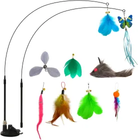 Cat Toys Wand Hands-Free Interactive with Super Suction Cup Sticky Detachable 9Pcs Refills 2 Stick for Indoor (Cat Wand with Suction Cup)