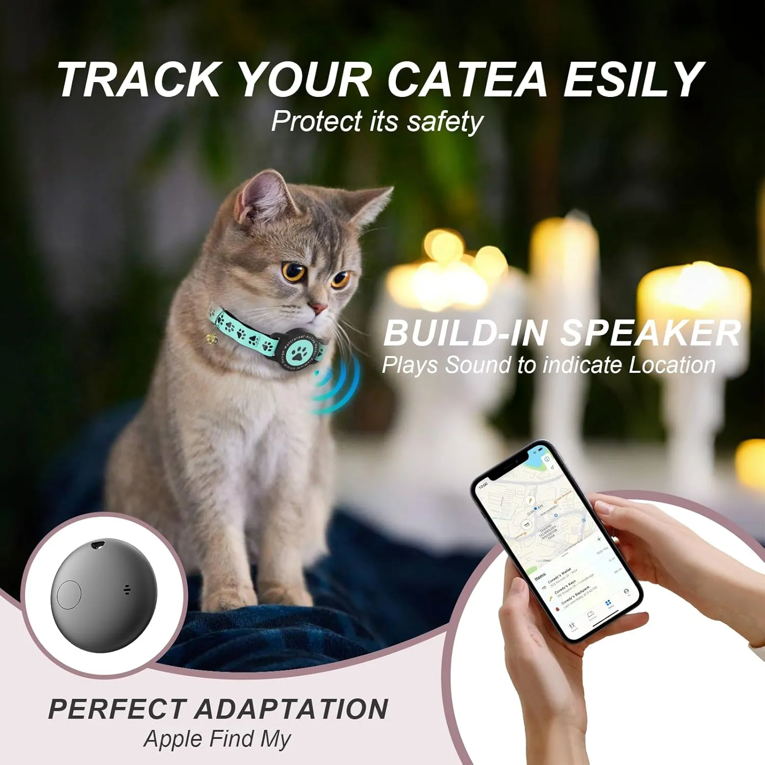 Cat Tracker Collar, IP68 Waterproof AirTag Cats Collar with Bells, Breakaway & Reflective Safety Design for Cat GPS Tracker, Compatible with Apple Find My (iOS Only) No Monthly Fee (Green)