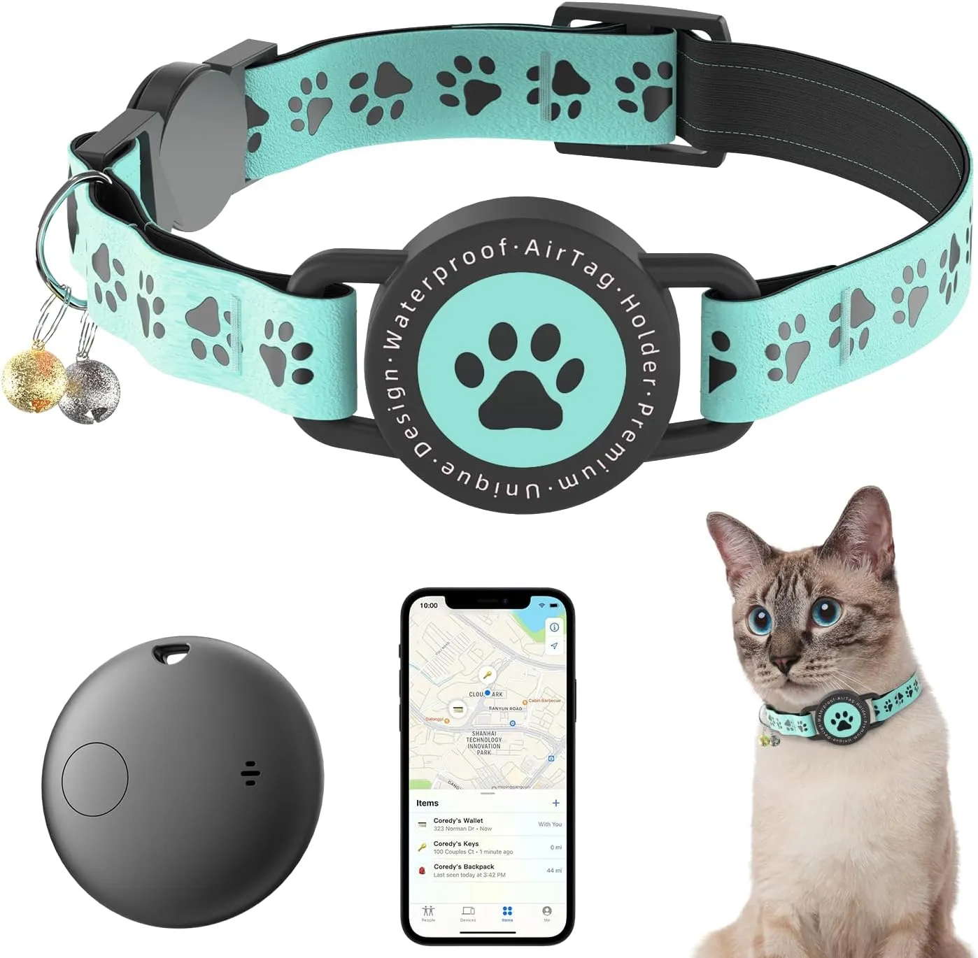 Cat Tracker Collar, IP68 Waterproof AirTag Cats Collar with Bells, Breakaway & Reflective Safety Design for Cat GPS Tracker, Compatible with Apple Find My (iOS Only) No Monthly Fee (Green)