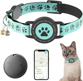 Cat Tracker Collar, IP68 Waterproof AirTag Cats Collar with Bells, Breakaway & Reflective Safety Design for Cat GPS Tracker, Compatible with Apple Find My (iOS Only) No Monthly Fee (Green)