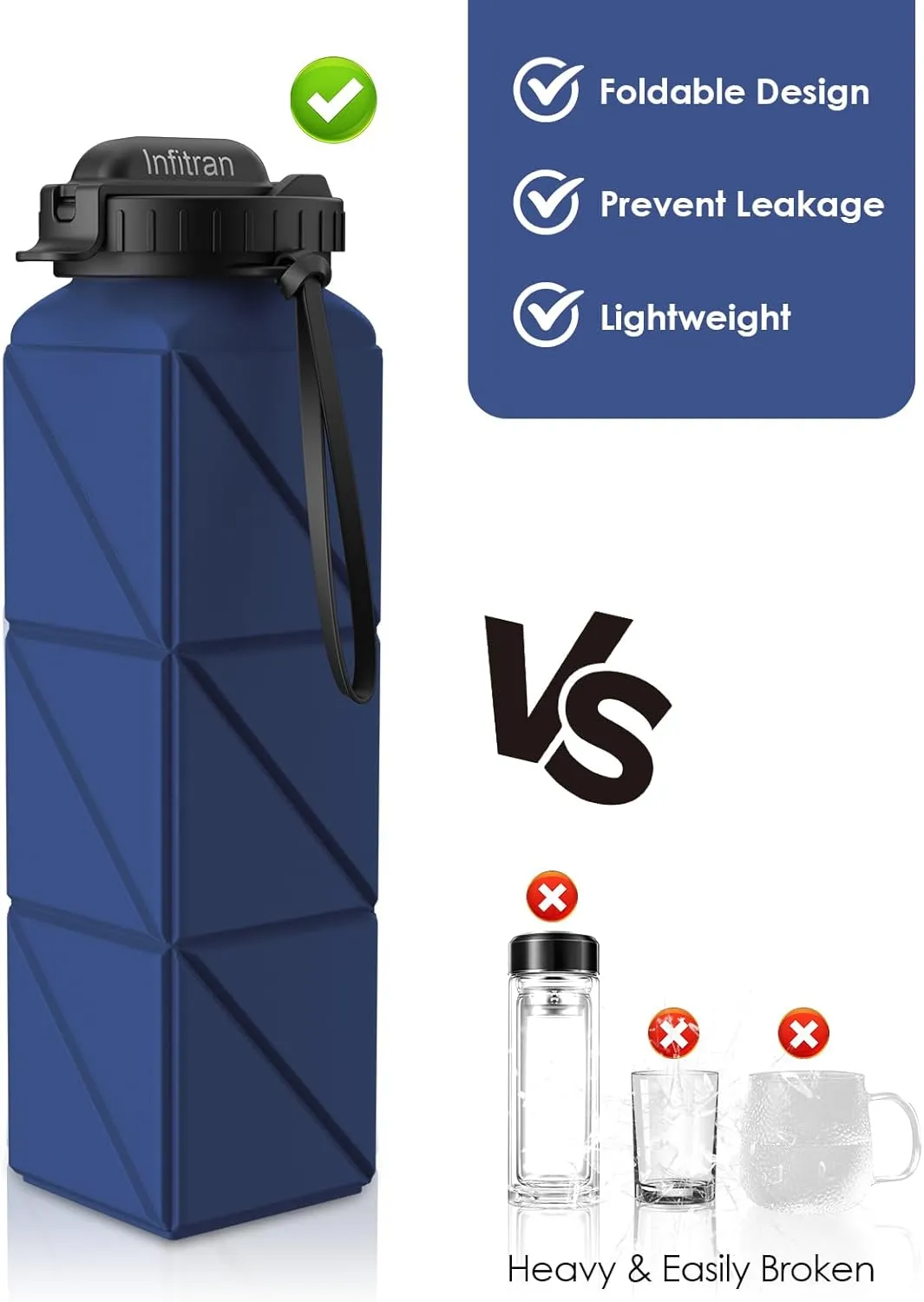 Collapsible Water Bottles, BPA-Free Silicone Foldable Water Bottle Cup with Straw Strap 20.6oz,Leak-Proof Durable Lightweight Bottle for Gym Travel Camping Hiking Running Sport,DarkBlue
