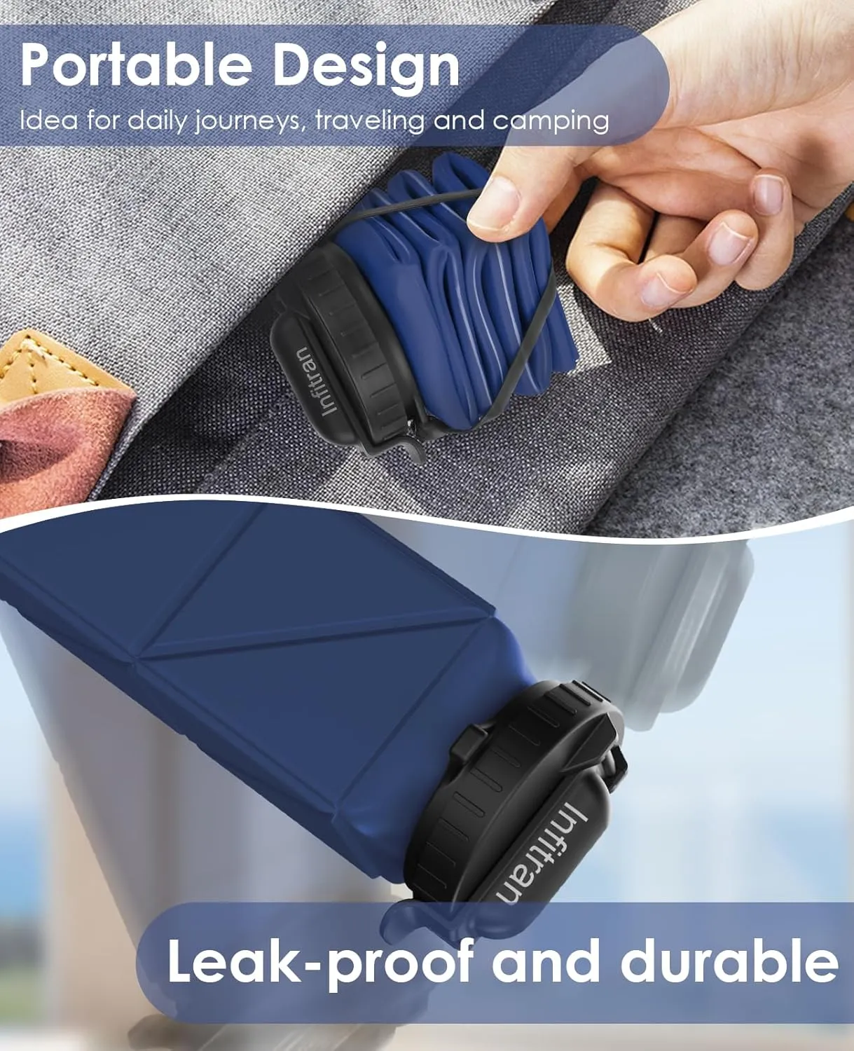 Collapsible Water Bottles, BPA-Free Silicone Foldable Water Bottle Cup with Straw Strap 20.6oz,Leak-Proof Durable Lightweight Bottle for Gym Travel Camping Hiking Running Sport,DarkBlue