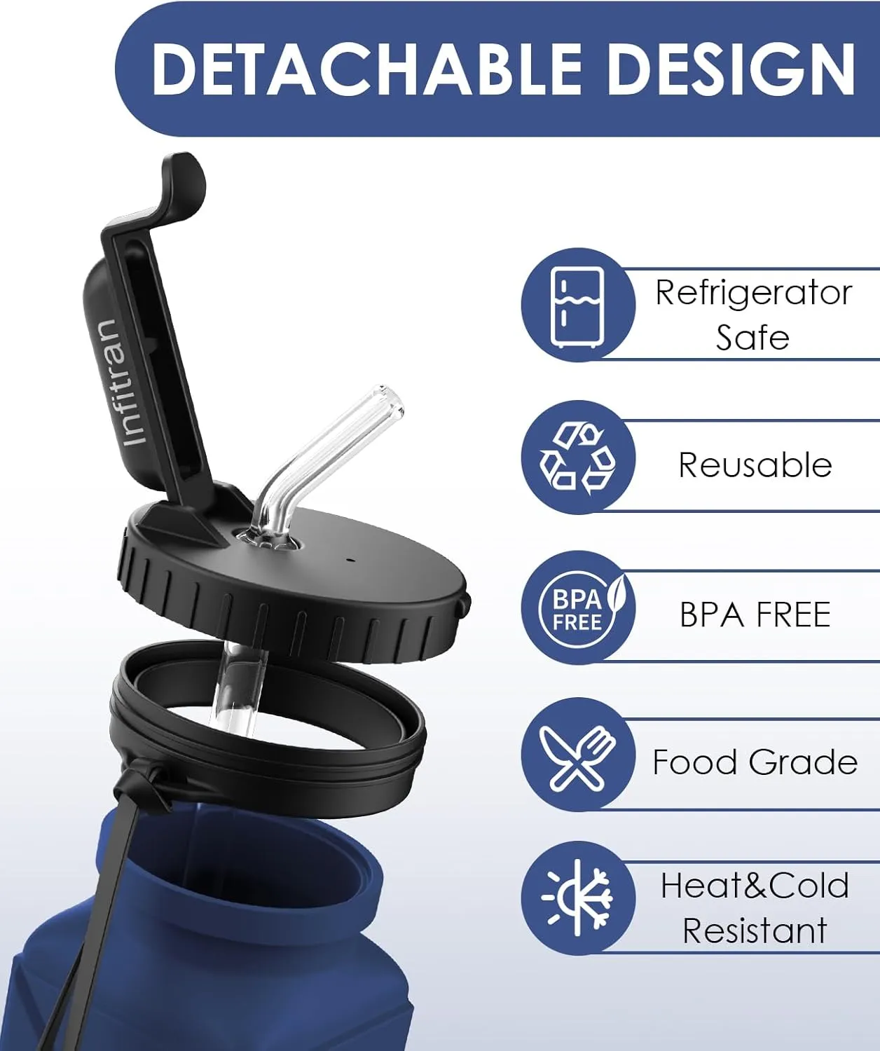 Collapsible Water Bottles, BPA-Free Silicone Foldable Water Bottle Cup with Straw Strap 20.6oz,Leak-Proof Durable Lightweight Bottle for Gym Travel Camping Hiking Running Sport,DarkBlue