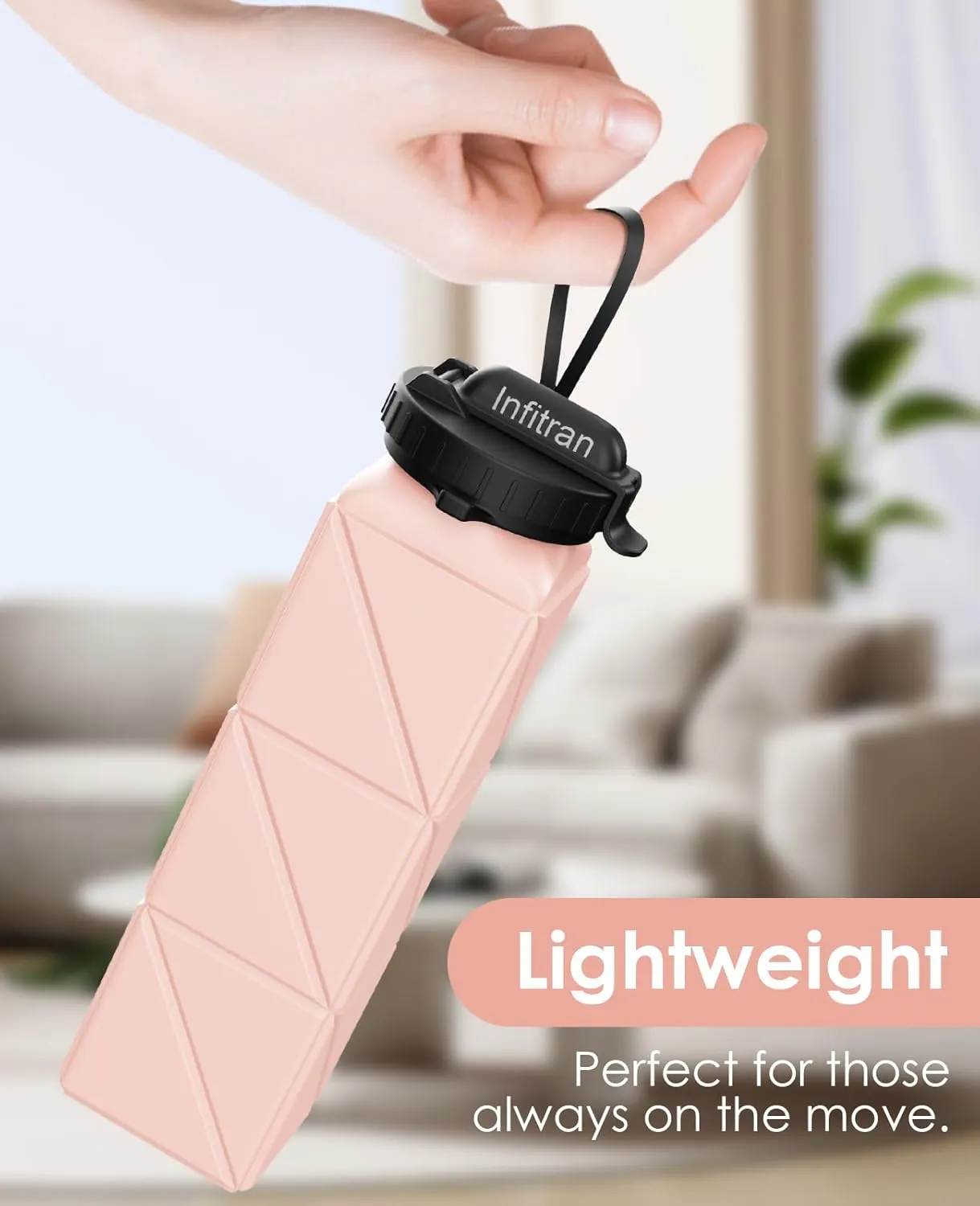 Collapsible Water Bottles, BPA-Free Silicone Foldable Water Bottle Cup with Straw Strap 20.6oz,Leak-Proof Durable Lightweight Bottle for Gym Travel Camping Hiking Running Sport,Pink