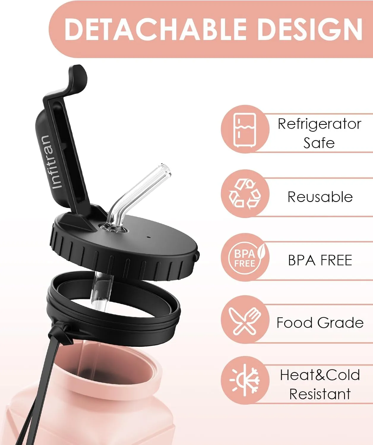 Collapsible Water Bottles, BPA-Free Silicone Foldable Water Bottle Cup with Straw Strap 20.6oz,Leak-Proof Durable Lightweight Bottle for Gym Travel Camping Hiking Running Sport,Pink