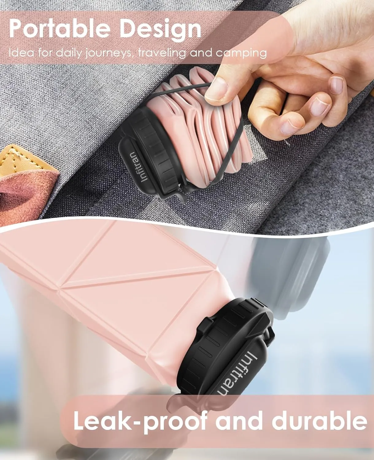 Collapsible Water Bottles, BPA-Free Silicone Foldable Water Bottle Cup with Straw Strap 20.6oz,Leak-Proof Durable Lightweight Bottle for Gym Travel Camping Hiking Running Sport,Pink