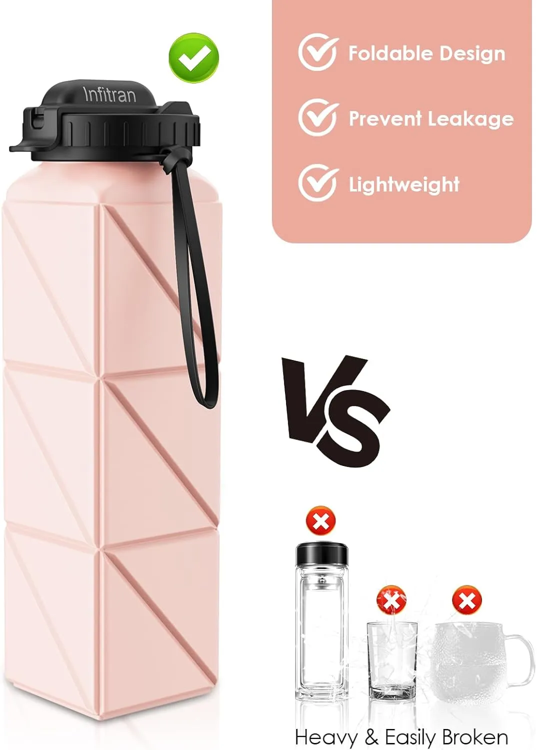 Collapsible Water Bottles, BPA-Free Silicone Foldable Water Bottle Cup with Straw Strap 20.6oz,Leak-Proof Durable Lightweight Bottle for Gym Travel Camping Hiking Running Sport,Pink