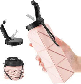 Collapsible Water Bottles, BPA-Free Silicone Foldable Water Bottle Cup with Straw Strap 20.6oz,Leak-Proof Durable Lightweight Bottle for Gym Travel Camping Hiking Running Sport,Pink