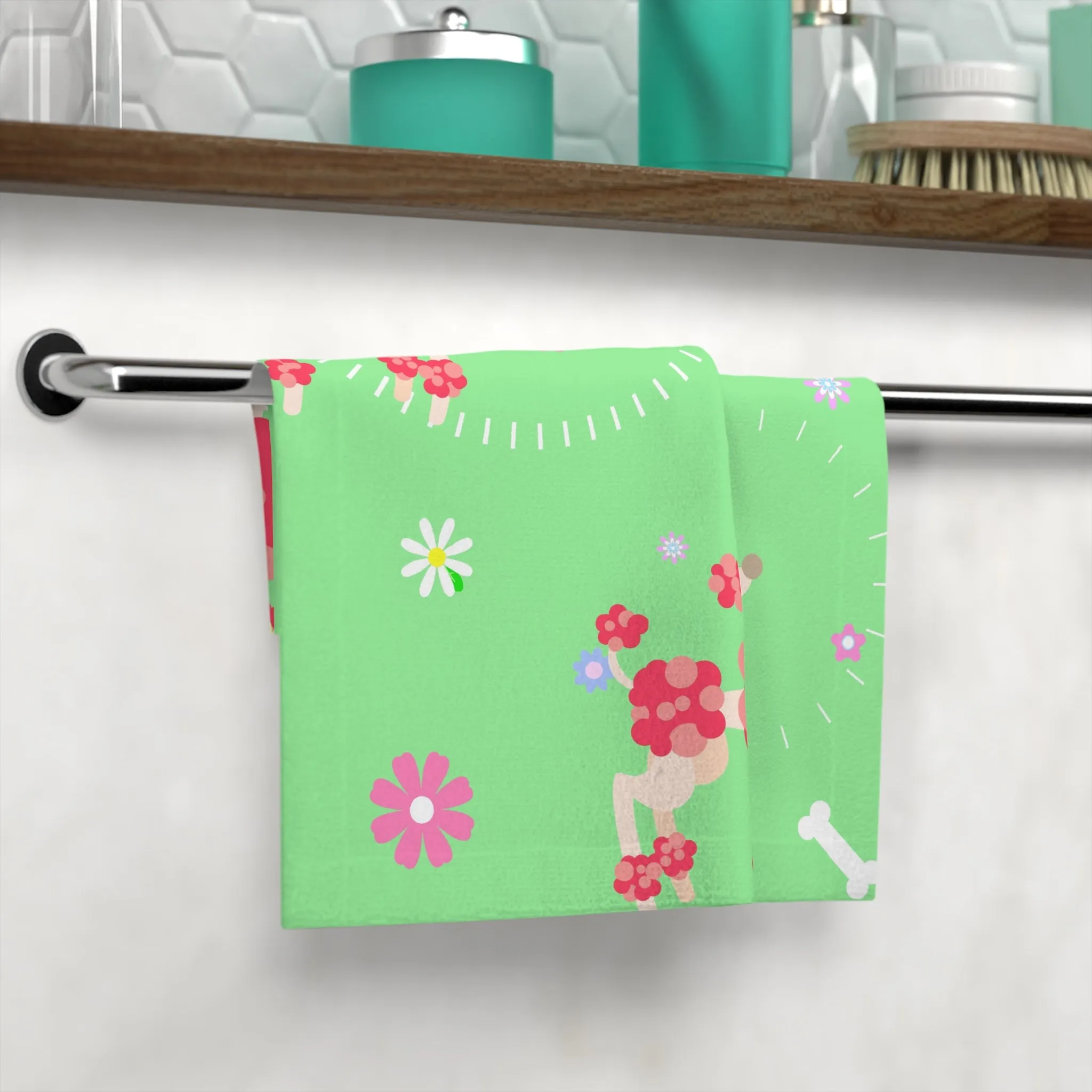 Cute Poodle Face Towel, Fun Dog Towels, Floral Bath Towel, Unique Pet Gift,