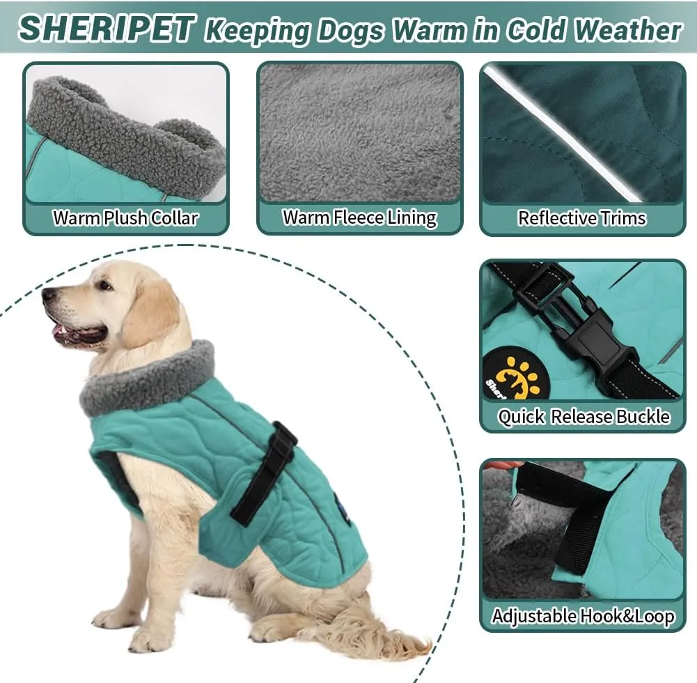 Dog Winter Coat, Fleece Lined, Windproof, Adjustable, Quick Release Buckle, Small to Large, Dark Turquoise