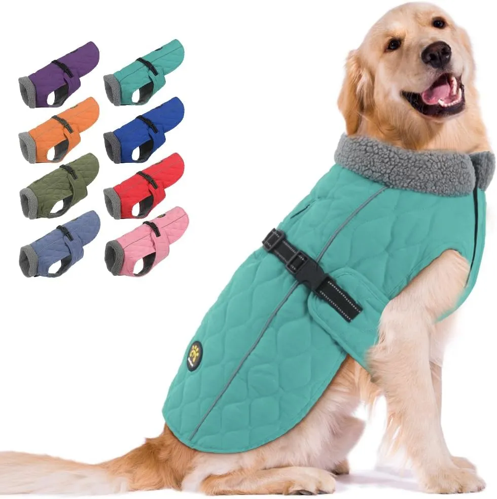 Dog Winter Coat, Fleece Lined, Windproof, Adjustable, Quick Release Buckle, Small to Large, Dark Turquoise