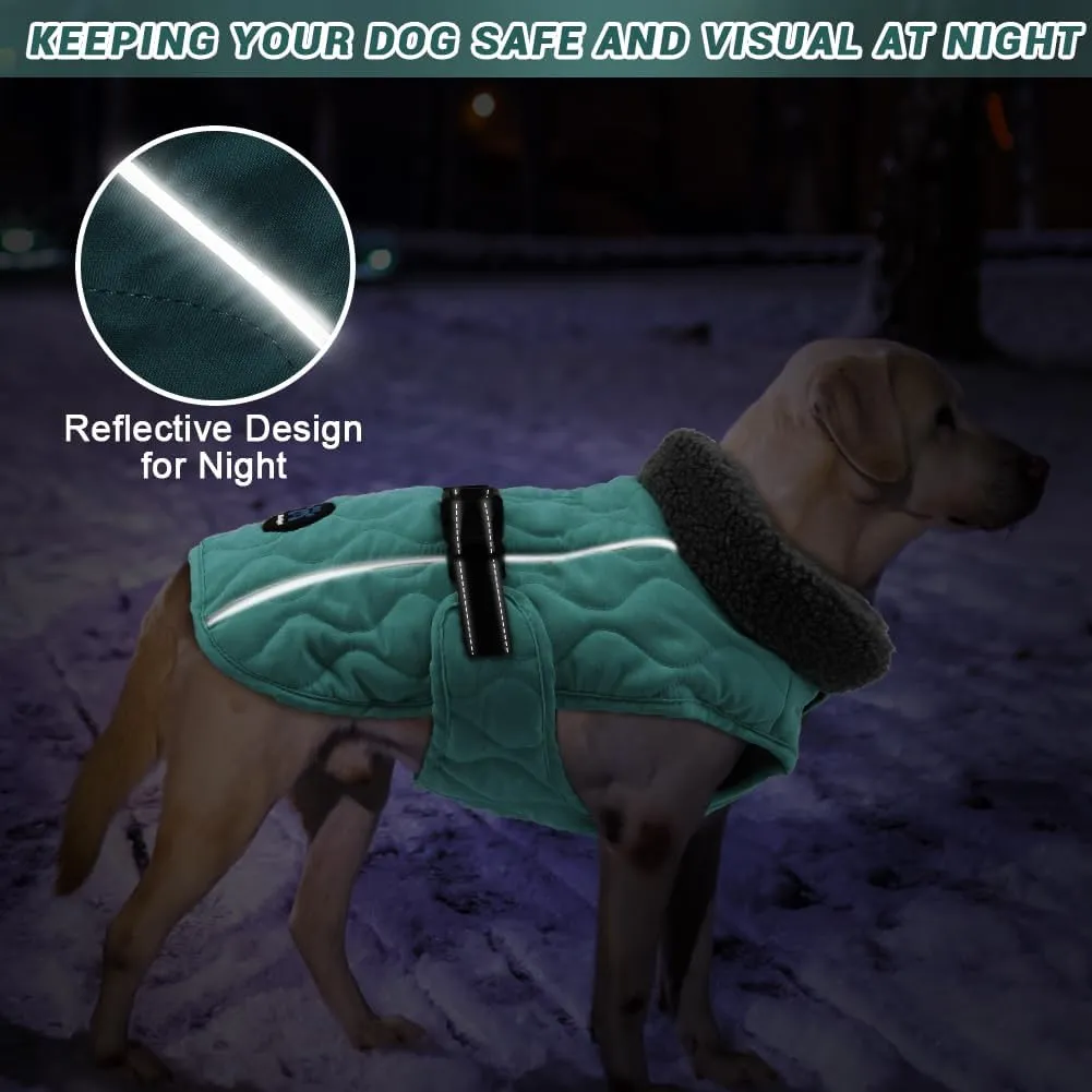 Dog Winter Coat, Fleece Lined, Windproof, Adjustable, Quick Release Buckle, Small to Large, Dark Turquoise