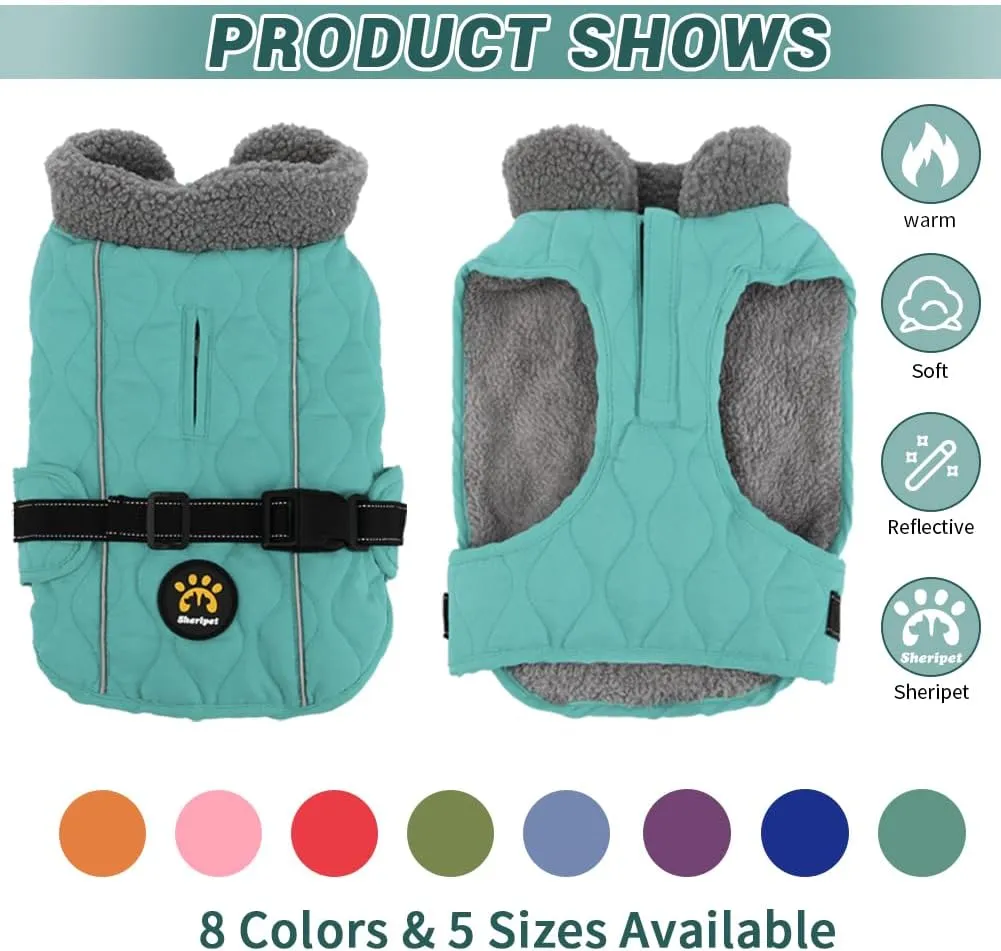 Dog Winter Coat, Fleece Lined, Windproof, Adjustable, Quick Release Buckle, Small to Large, Dark Turquoise