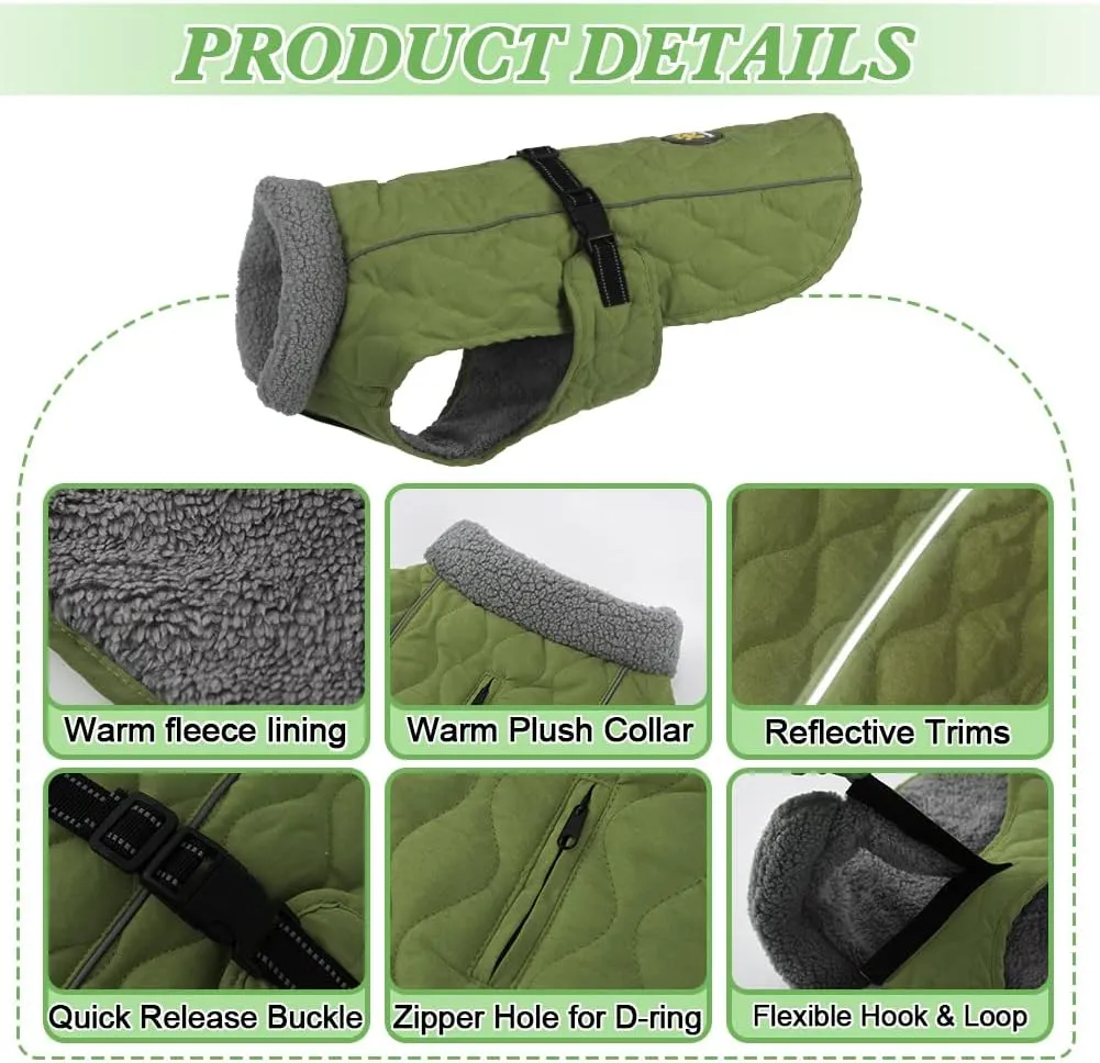 Dog Winter Coats, Fleece Lining Winter Coats for Dogs, Adjustable Windproof Dog Cold Weather Coat, Quick Release Buckle Dog Winter Jacket for Small Medium Large Dogs,Green S