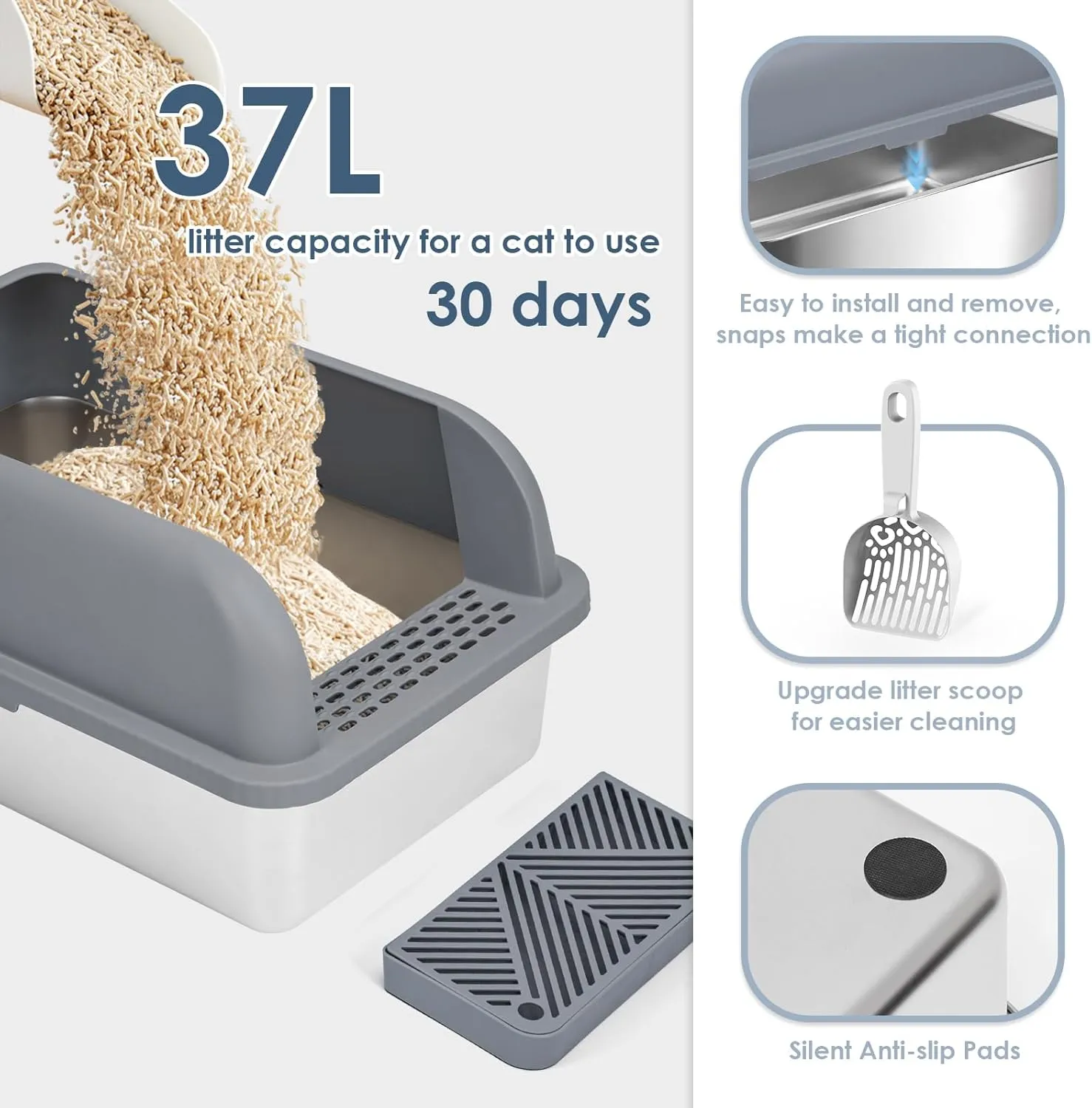 Enclosed Stainless Steel Cat Litter Box with Lid Extra Large Litter Box for Big Cats XL Metal Litter Pan Tray with High Wall Sides Enclosure, Non-Sticky, Anti-Leakage (Grey)