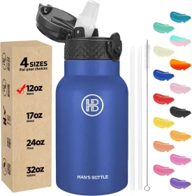 Han's Bottle Kids Water Bottle with Straw Lid - Insulated Stainless Steel Reusable Tumbler for Girls,Boys,Thermo Mug,12oz,Navy Blue