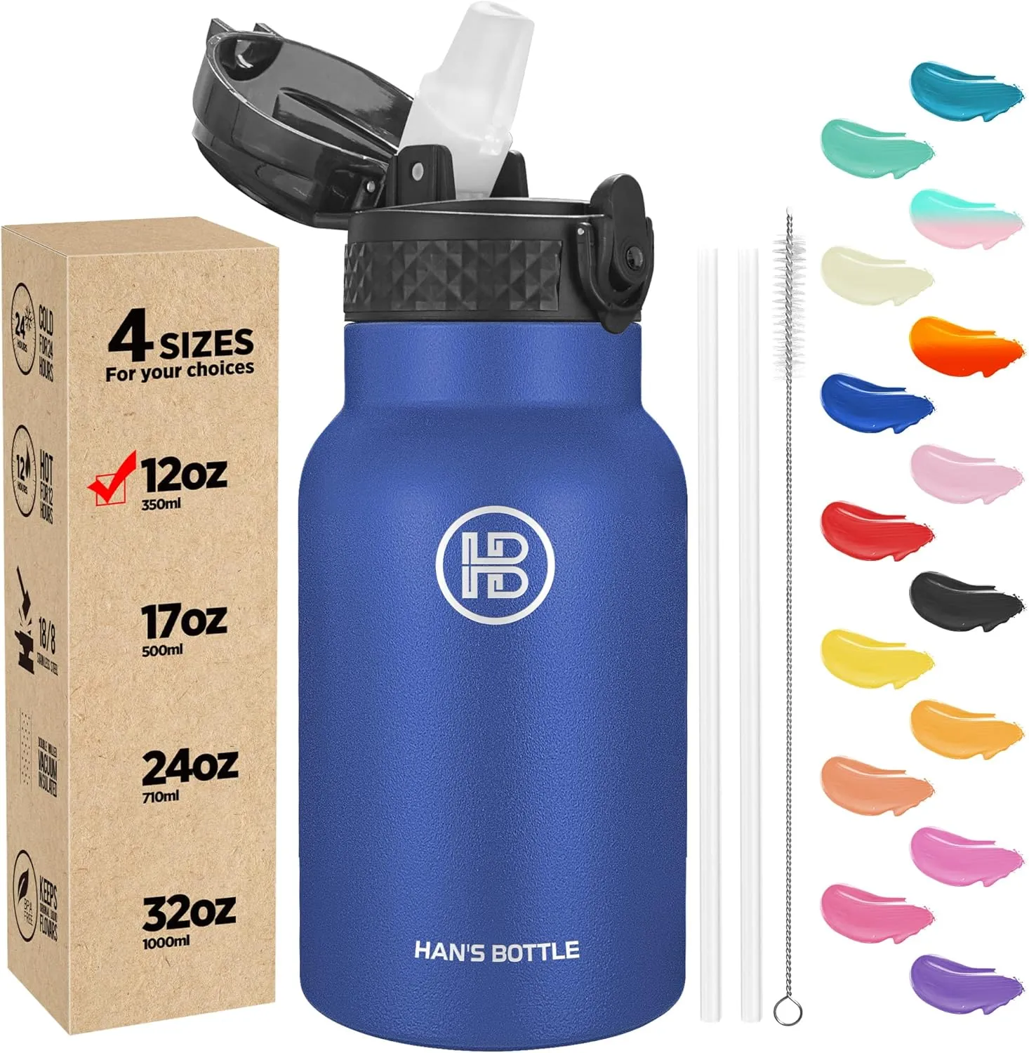 Han's Bottle Kids Water Bottle with Straw Lid - Insulated Stainless Steel Reusable Tumbler for Girls,Boys,Thermo Mug,12oz,Navy Blue