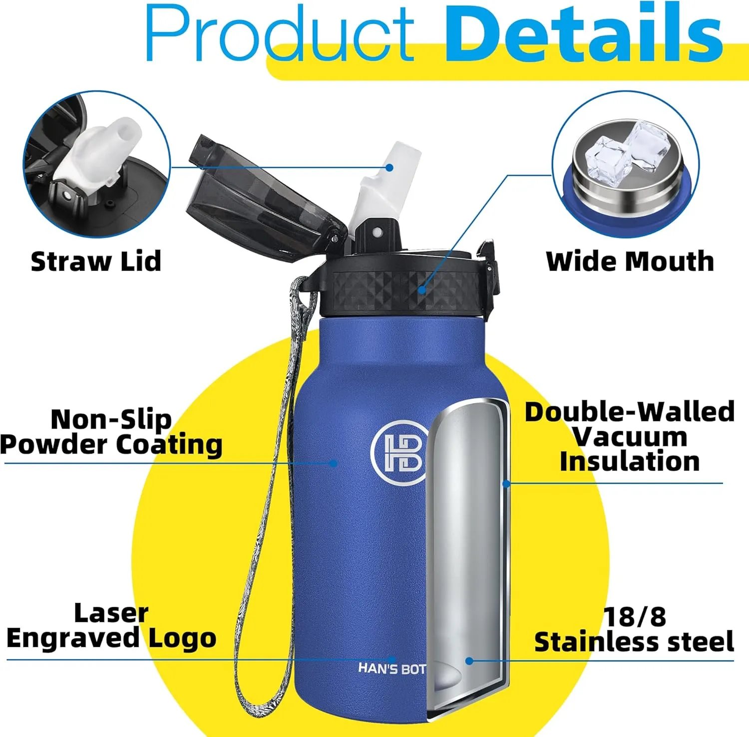 Han's Bottle Kids Water Bottle with Straw Lid - Insulated Stainless Steel Reusable Tumbler for Girls,Boys,Thermo Mug,12oz,Navy Blue