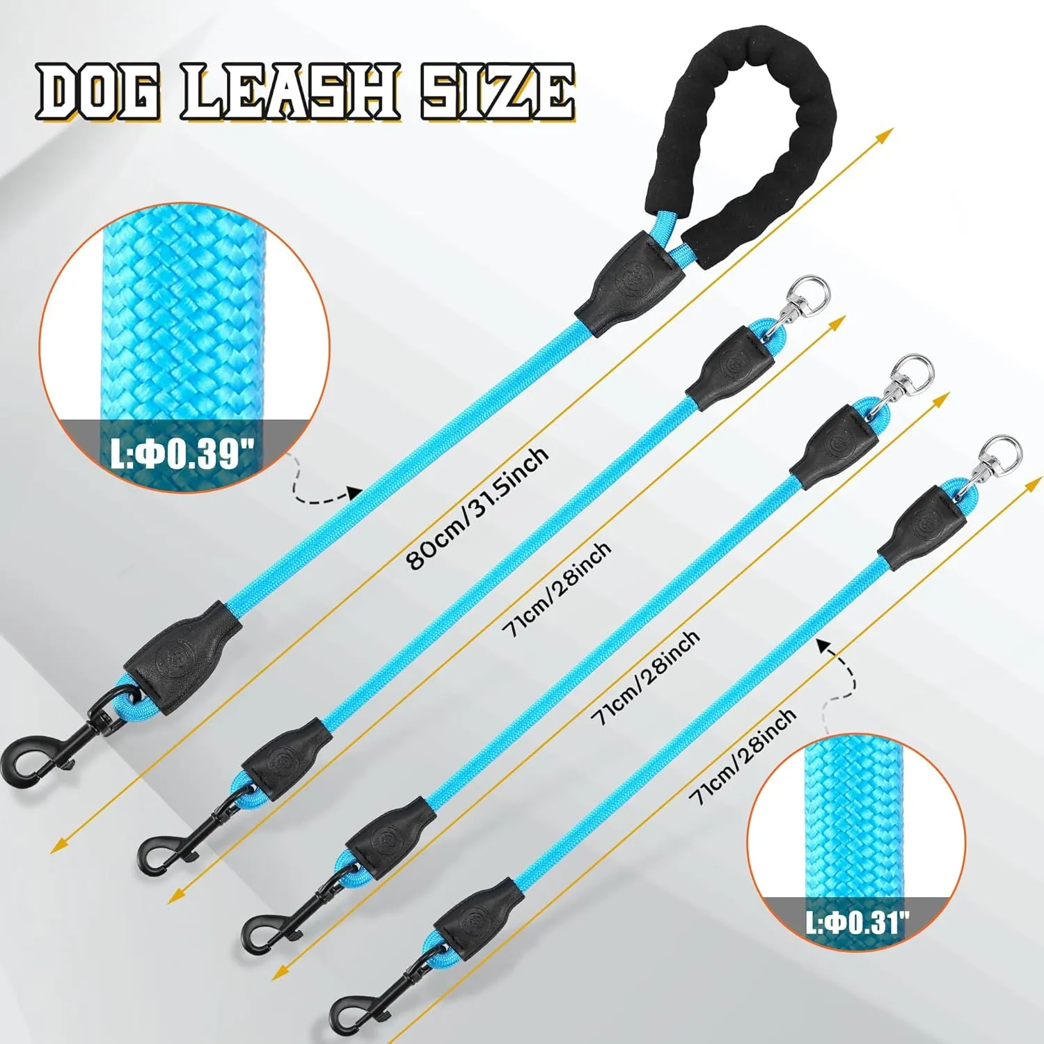 Heavy Duty Three-Way Dog Leash, No-Tangle Detachable 360 Swivel, Padded Handle, for Walking & Training (Blue, S/8-40 lbs)