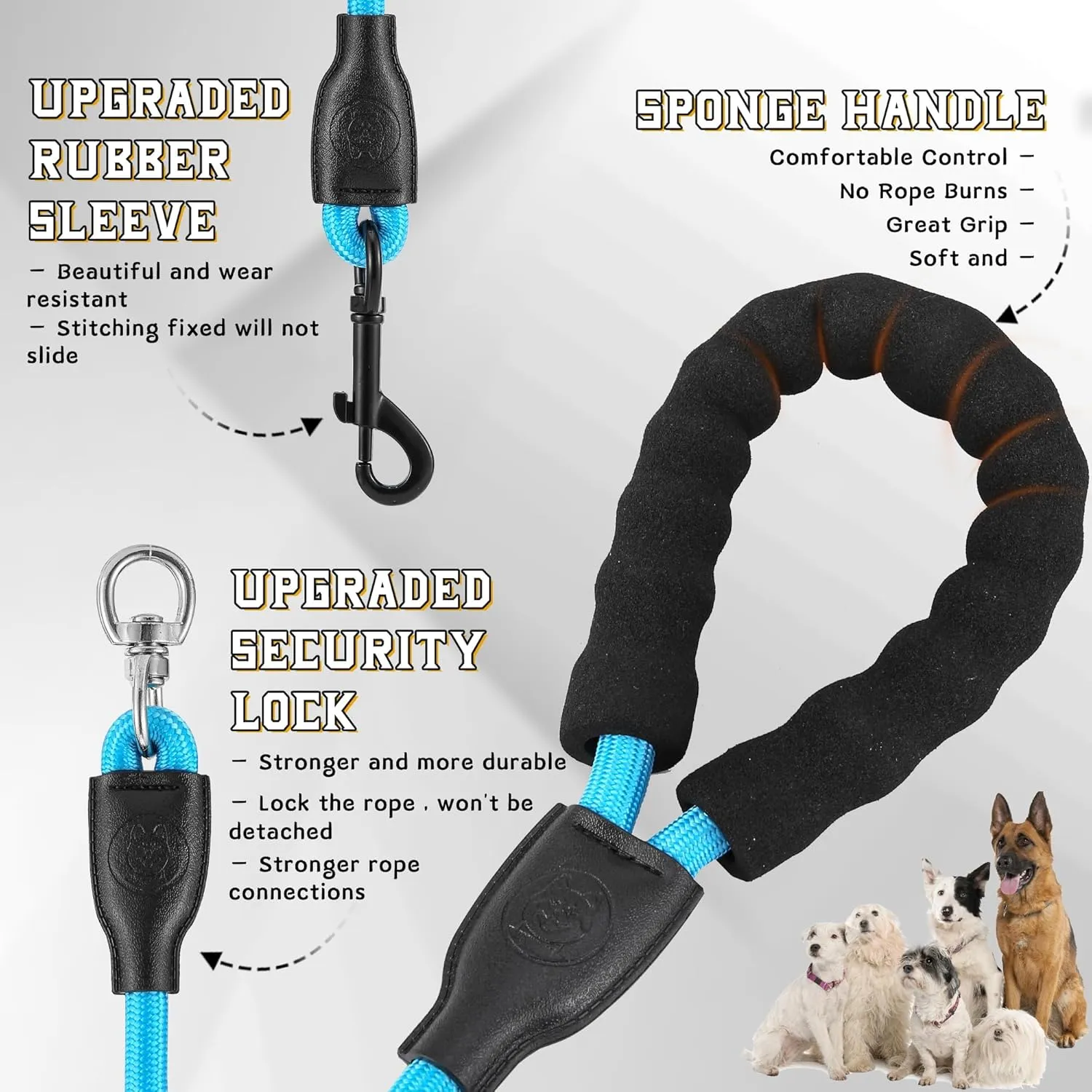Heavy Duty Three-Way Dog Leash, No-Tangle Detachable 360 Swivel, Padded Handle, for Walking & Training (Blue, S/8-40 lbs)