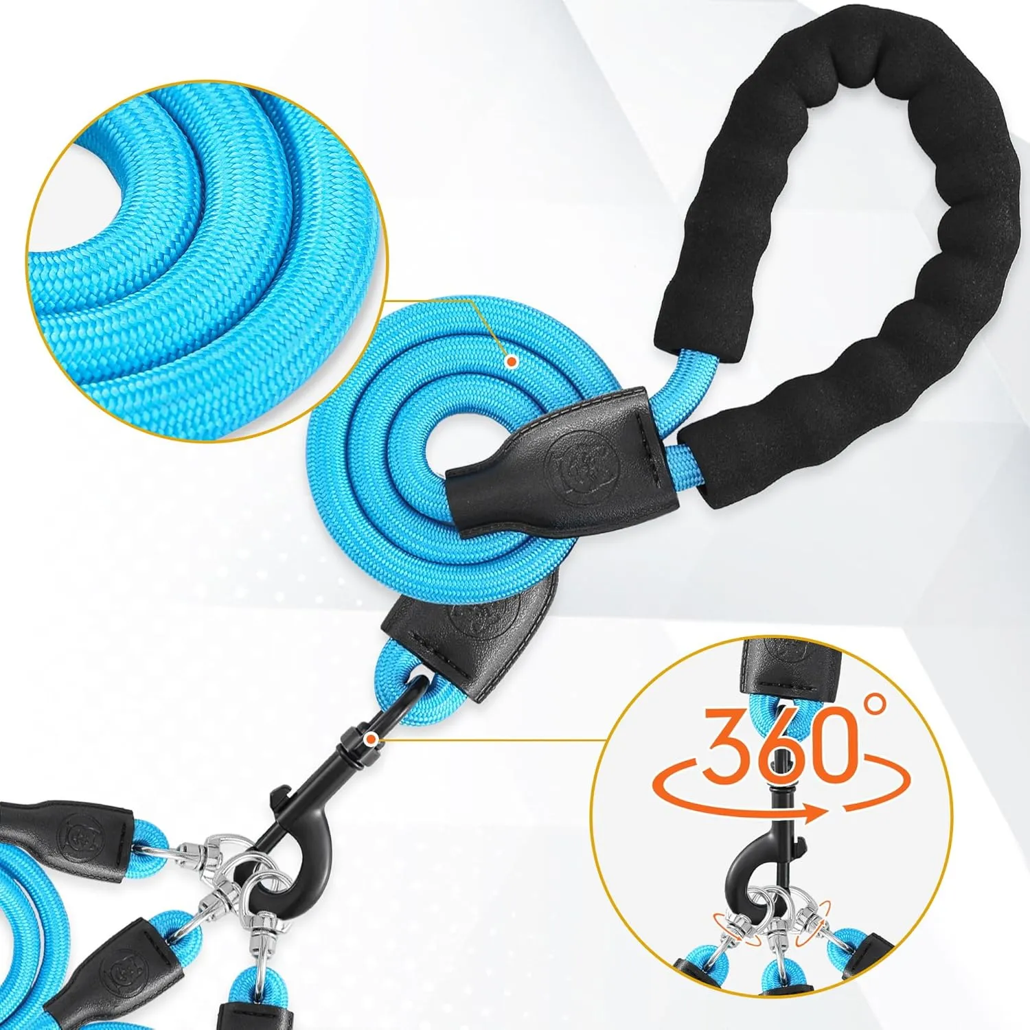 Heavy Duty Three-Way Dog Leash, No-Tangle Detachable 360 Swivel, Padded Handle, for Walking & Training (Blue, S/8-40 lbs)