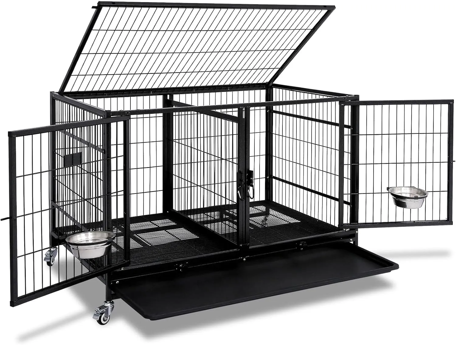 Homey Pet 43 Inch Metal Open Top Stackable Heavy Duty Dog Cage Kennel with Three Door, Metal Floor Grid, Tray, Wheels, Divider and Feeding Bowl, Drop Dog Cages Indoor