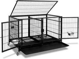 Homey Pet 43 Inch Metal Open Top Stackable Heavy Duty Dog Cage Kennel with Three Door, Metal Floor Grid, Tray, Wheels, Divider and Feeding Bowl, Drop Dog Cages Indoor