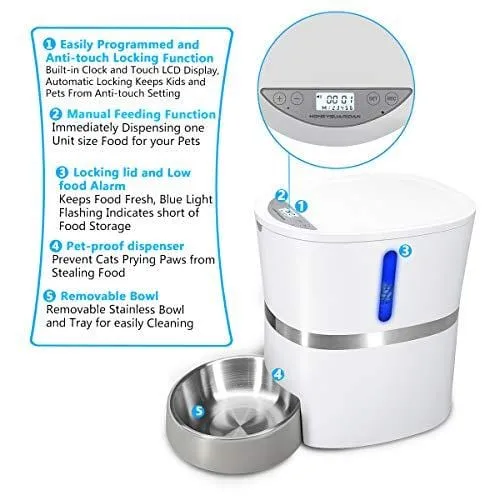 HoneyGuaridan A36 Automatic Pet Feeder, Dog, Cat, Rabbit & Small Animals Food Dispenser with Stainless Steel Pet Food Bowl, Portion Control and Voice Recording - Batteries and Power Adapter Support