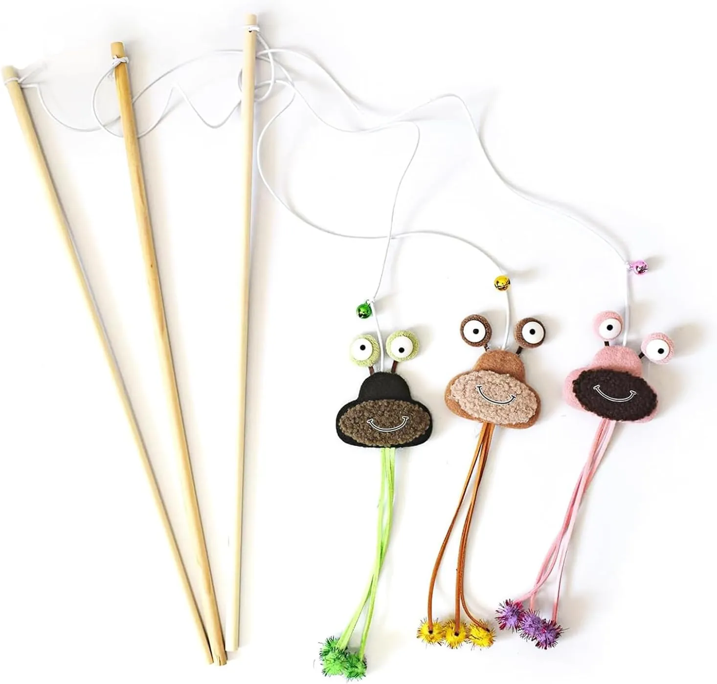 IUHKBH Cat Wand Toy, 3 PCS Natural Wooden Handle Cat Teaser Wand Cute Interactive Kitten Wand Fun Kitty Toy, Safe Kitten Stick for All Breed Sizes