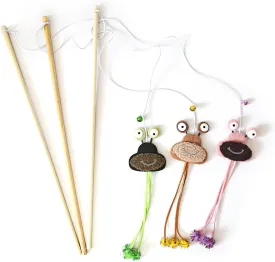 IUHKBH Cat Wand Toy, 3 PCS Natural Wooden Handle Cat Teaser Wand Cute Interactive Kitten Wand Fun Kitty Toy, Safe Kitten Stick for All Breed Sizes