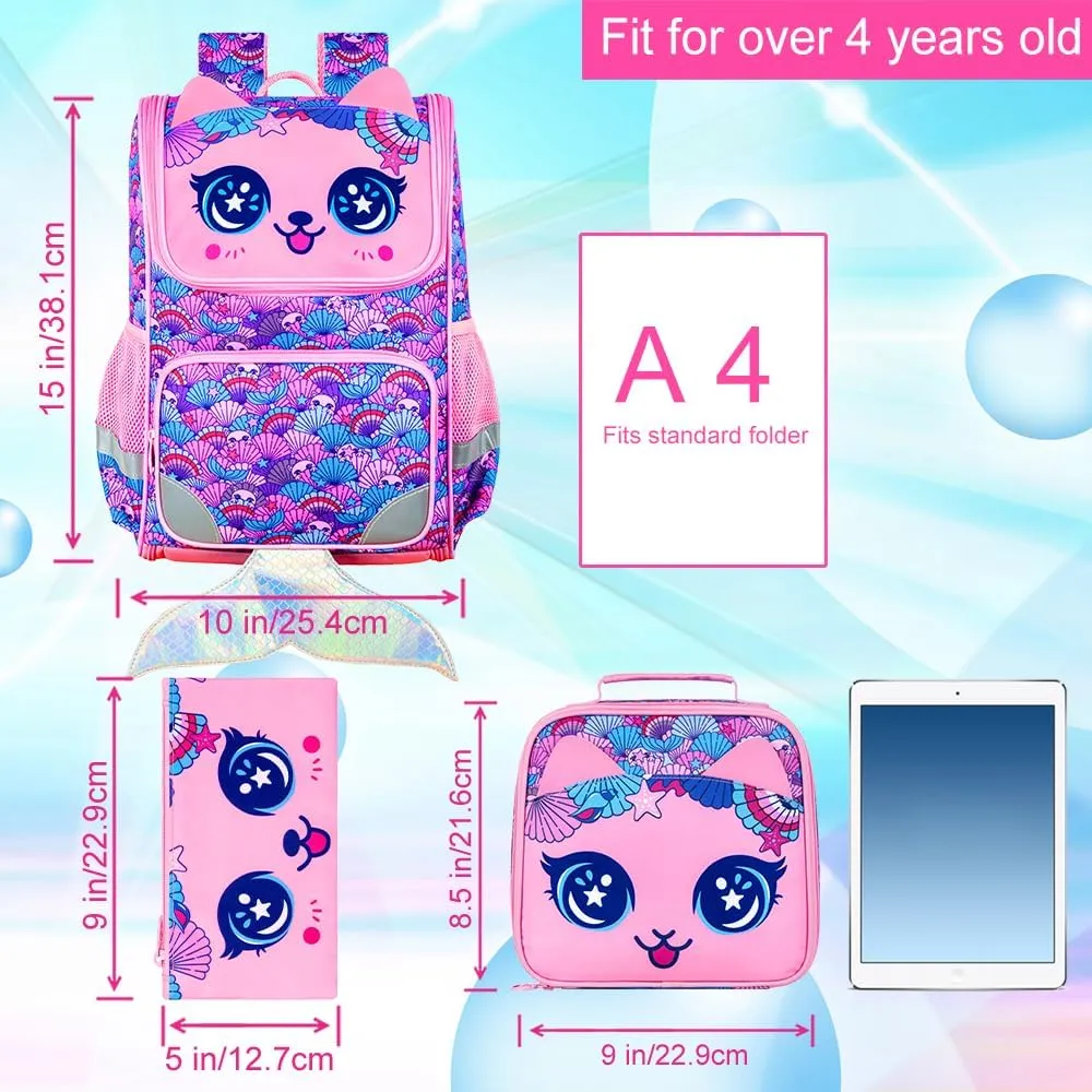 KLFVB 3PCS Backpack for Girls and Boys, 15" Unicorn Dinosaur Bookbag with Lunch Box, Kids Preschool School bag