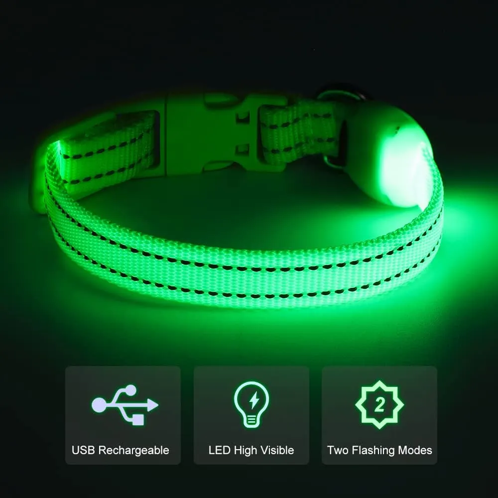 Light Up Dog Collar for Small Dogs - Rechargeable Puppy Collars Glow in The Dark LED Dog Collar Lights for Night WalkingX-Small, Green
